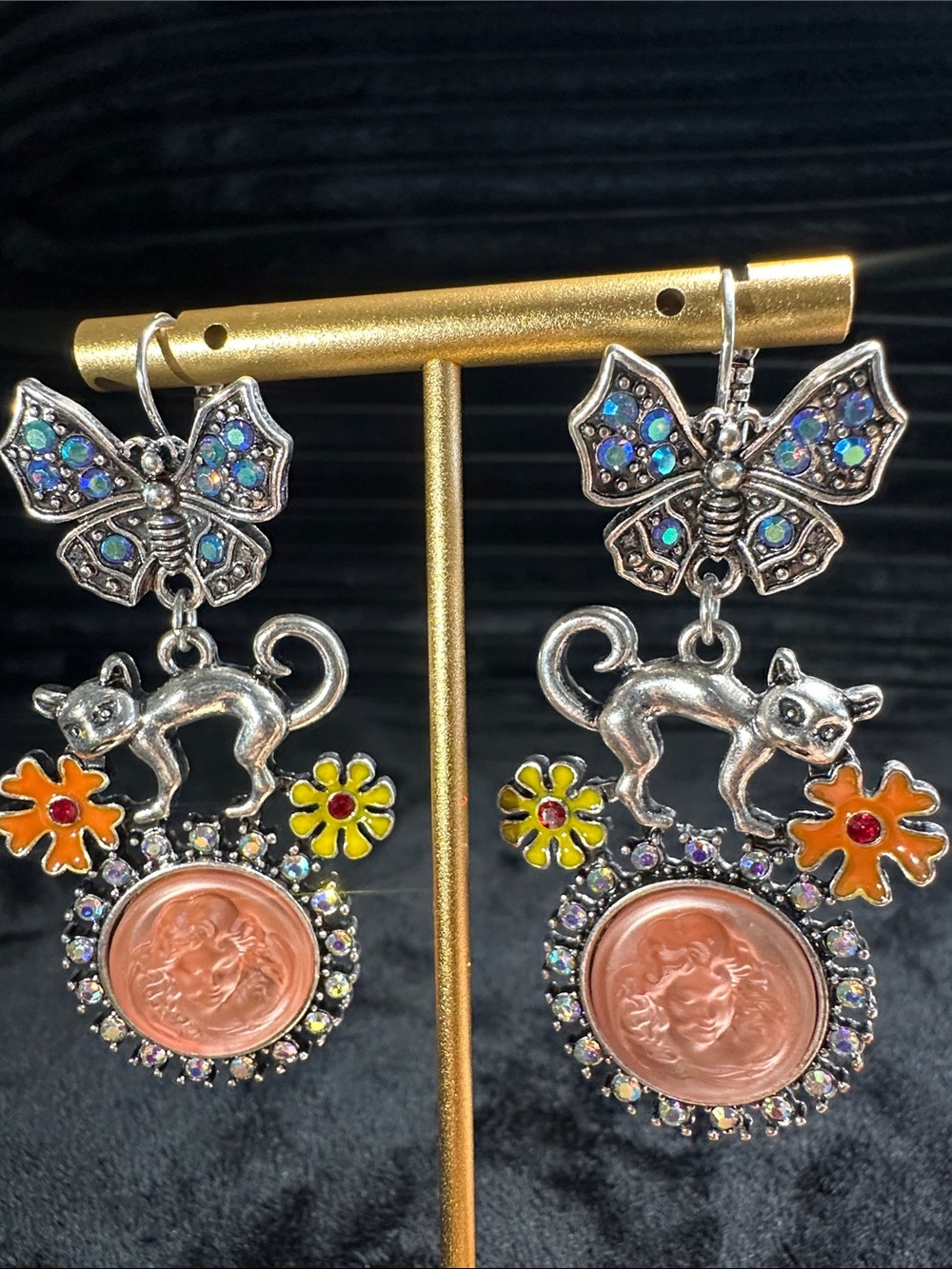 Kirks Folly Silver Cat & Butterfly Earrings with Orange and Yellow Accents